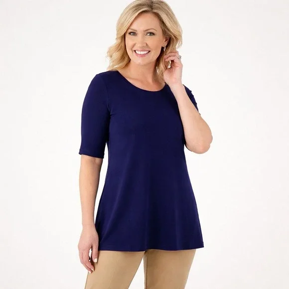 Susan Graver Modern Essentials Navy Liquid Knit A-Line Tunic Top 3X Elbow Sleeve - Picture 2 of 10